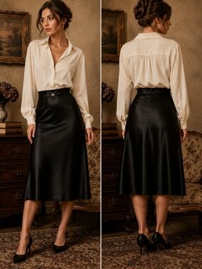 Vintage Ralph Lauren Black Satin A-Line Midi Skirt Women's Size 2 Elegant Formal